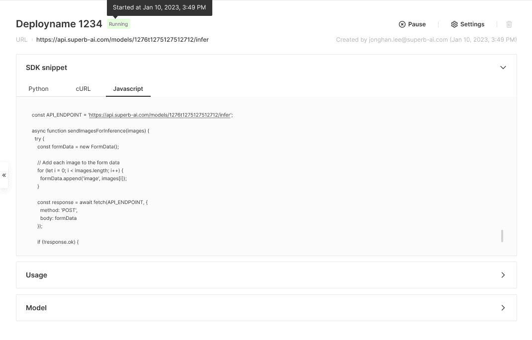 Snapshot of SDK snippet in use with Superb Model deployment.