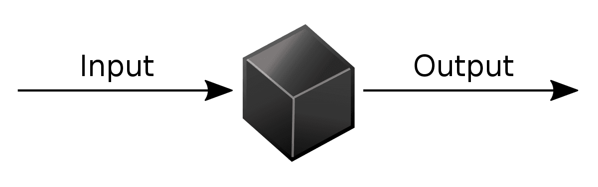 A diagram depicting a conceptual black box system/model with input and output functionality.