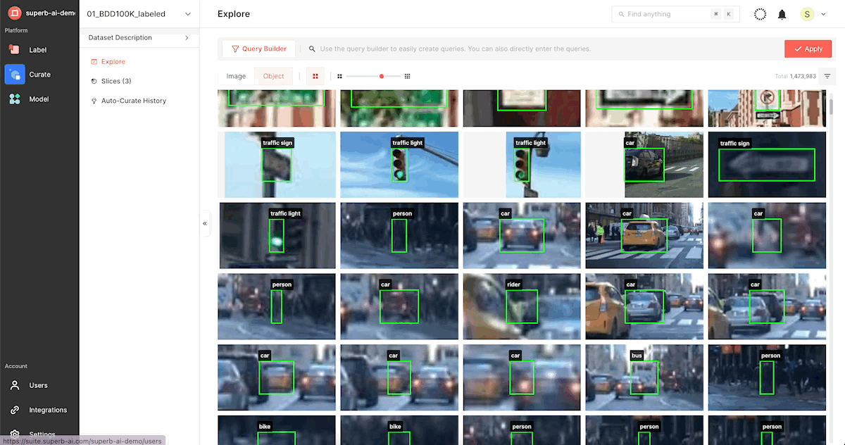 Object grid view in Superb AI's computer vision tool Curate
