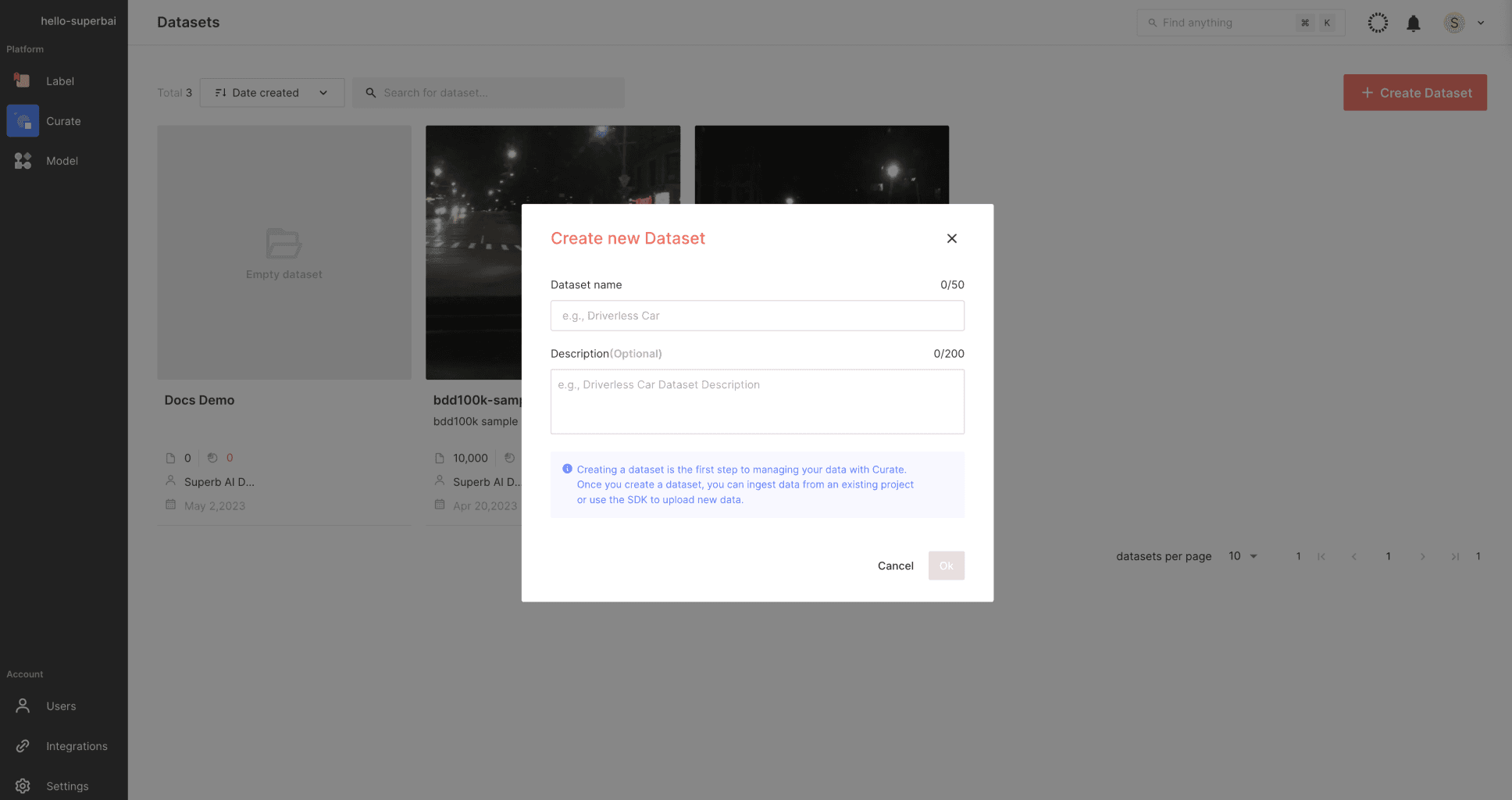 Create a Dataset with Superb Curate interface